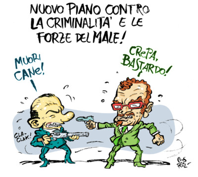 Piano contro la criminalità e le forze del male. Berlusconi e Maroni tentano di eliminarsi a vicenda.