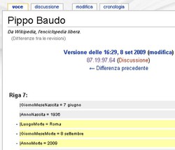 La pagina di Wikipedia di Pippo Baudo vandalizzata da mano ignota dopo la dipartita di Mike Bongiorno.