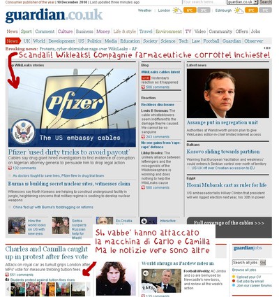 La homepage del Guardian dopo l'assalto all'auto di Carlo e Camilla