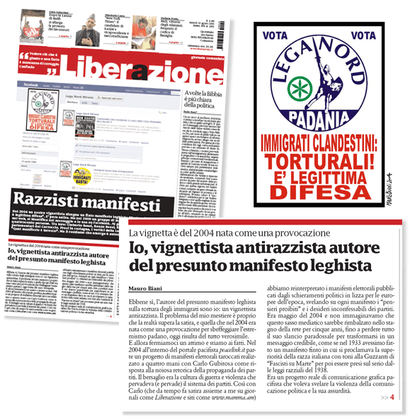 Il manifesto taroccato di Mauro Biani che nel 2009 diventa un plausibile messaggio leghista