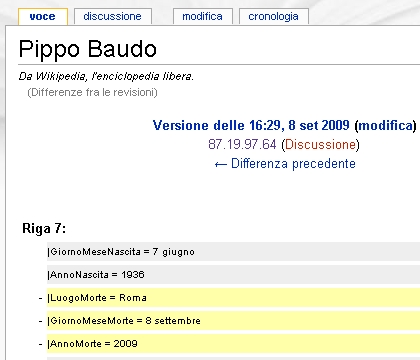 La pagina di Wikipedia di Pippo Baudo vandalizzata da mano ignota dopo la dipartita di Mike Bongiorno.