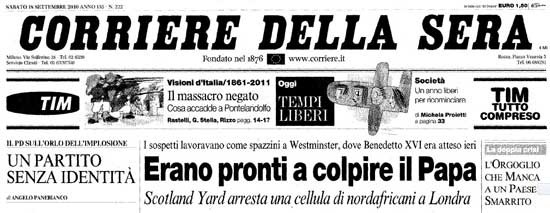 La prima pagina del Corriere della Sera del 18 settembre 2010